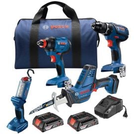 Bosch GXL18V-496B22 18V 4-Tool Combo Kit with Compact Tough 1/2 Inch Drill/Driver, 1/4 Inch and 1/2 Inch Two-In-One Bit/Socket Impact Driver, Compact Reciprocating Saw, LED Worklight and (2) 2.0 Ah SlimPack Batteries