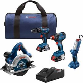 Bosch GXL18V-497B23 18V 4-Tool Combo Kit with 1/4 Inch and 1/2 Inch Two-In-One Bit/Socket Impact Driver, 1/2 Inch Hammer Drill/Driver, Circular Saw and LED Worklight with (1) CORE18V 4.0 Ah Battery and (1) 2.0 Ah SlimPack Battery