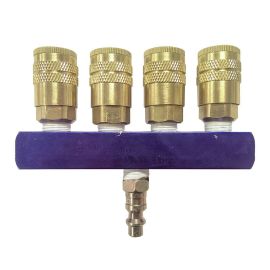 Interstate Pneumatics FPM44S-KH4B Aluminum Rectangular Manifold with Four (4) 1/4 Inch Brass Industrial Couplers & One (1) 1/4 Inch Steel Plug Kit