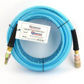 Interstate Pneumatics HU14-050H44 Light Blue Polyurethane (PU) Hose 1/4 Inch x 50 feet 200 PSI with Two 1/4 Inch Fittings, One 1/4 Inch Industrial Steel Coupler and One 1/4 Inch Industrial Steel Coupler Plug