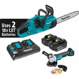 Makita XCU03PTX1 18V X2 (36V) LXT® Lithium‑Ion Brushless Cordless 14 Inch Chain Saw Kit (5.0Ah) and Brushless Angle Grinder
