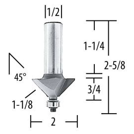 Makita 733286-A Router Bit 45 Chamfer 1-1/8 Length., 2 Flute, 1/2 SH, C.T.