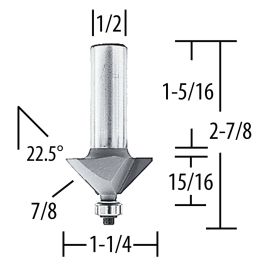 Makita 733288-A Router Bit 22.5 Degree Chamfer 7/8 Length, 2 Flute, 1/2 SH, C.T.