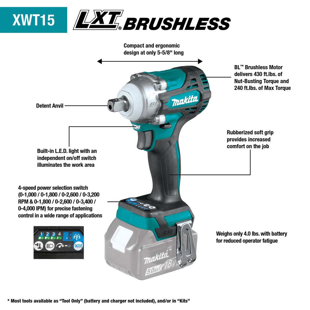 Makita XWT15XVZ 18V LXT® Lithium-Ion Brushless Cordless 4-Speed 1/2 Inch Sq.  Drive Utility Impact Wrench w/ Detent Anvil (Tool Only)