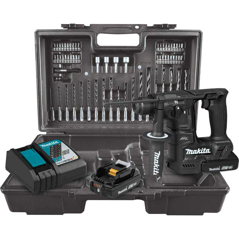 Makita XRH06RBX 18V LXT Lithium‑Ion Sub‑Compact Brushless Cordless 11/16  Inch Rotary Hammer Kit, accepts SDS‑PLUS bits, 65 Pc. Accessory Set (2.0 Ah)
