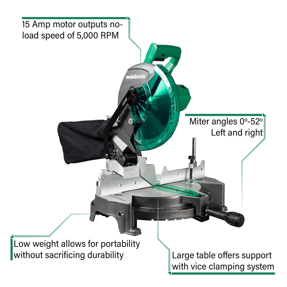 Metabo HPT C10FCGSM 10 Inch Single Bevel Miter Saw 15 Amp 5000 Rpm Motor W  Carrying Handle